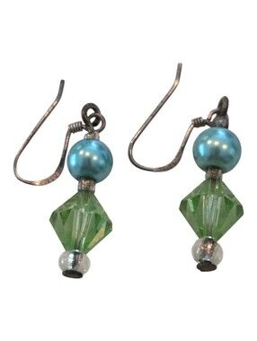 Vintage 925 Sterling Silver Blue Pearl & Green Faceted Glass Bead Drop Earrings